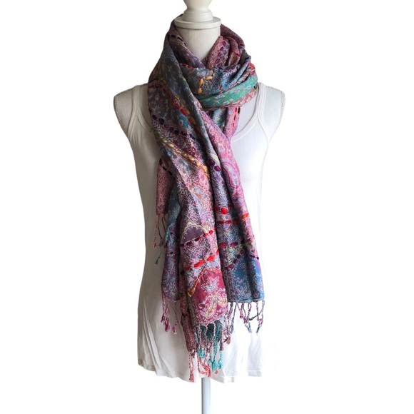 Raj Women's Multicolored Scarf Bohemian Gypsy Embroidered Detailing Green Purple - Picture 1 of 14